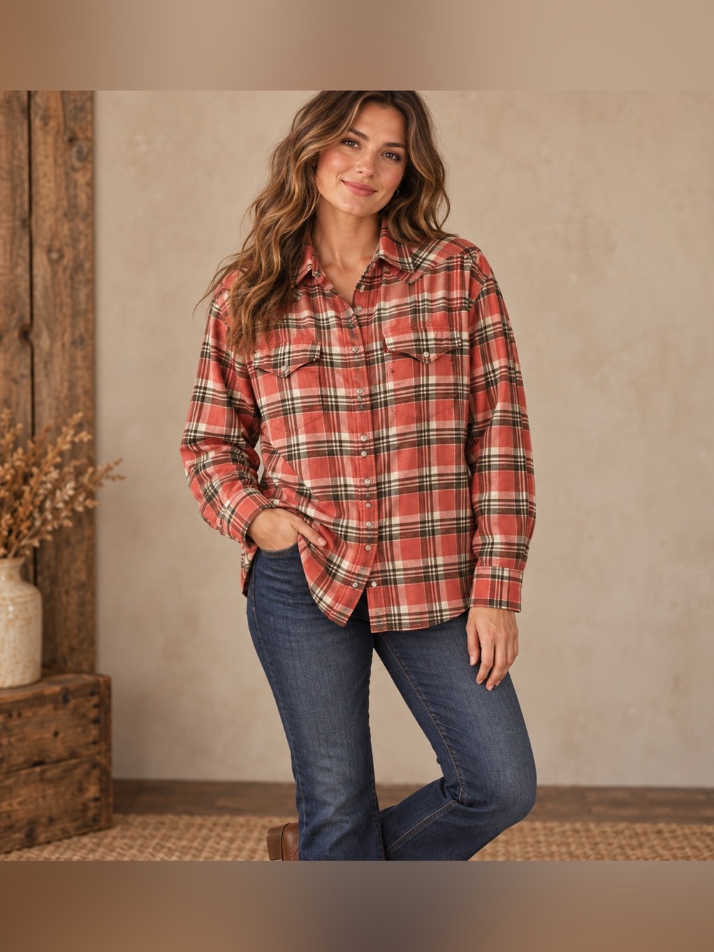 Levi's Women Shirt XL Salmon Brown Flannel Pearl Snap Western Pockets Collared